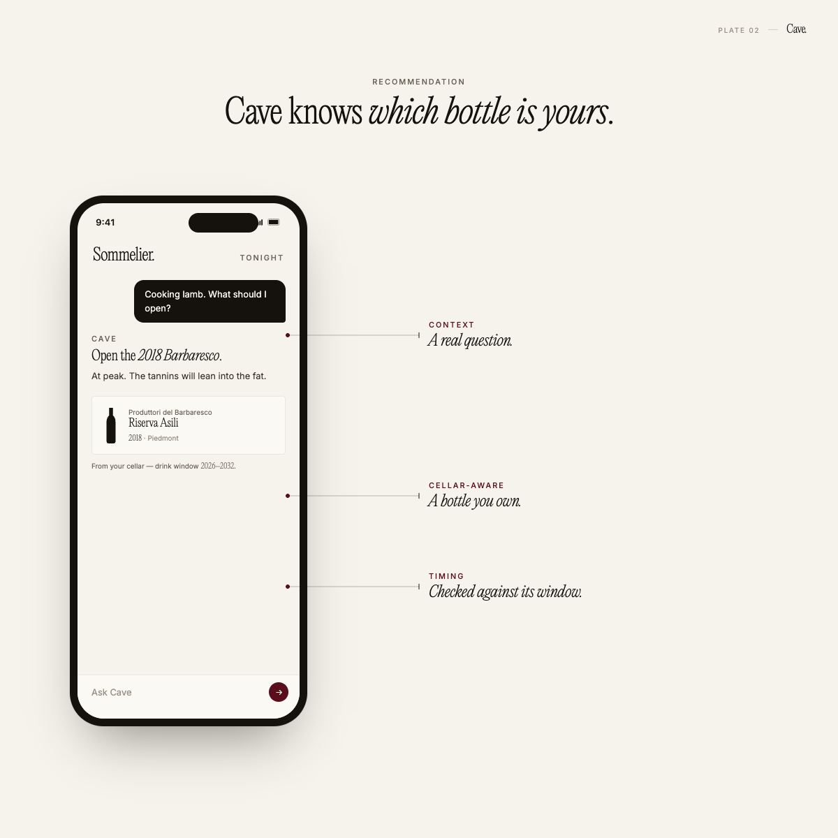 Wine cellar app recommending bottles from a personal collection based on dinner context and maturity stage